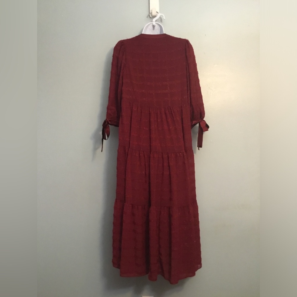 English Factory Burgundy Maxi Dress with Tie Sleeves - Picture 3 of 13